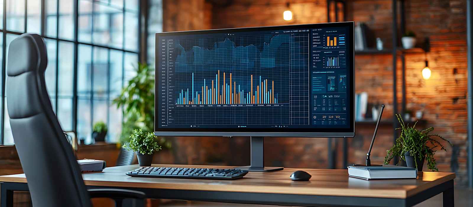 Monitor de escritorio con gráficos de barras naranjas y celestes, en una oficina de ladrillo con luz cálida