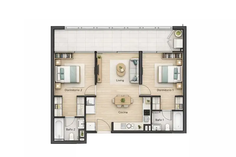 Planta del 2D2B mariposa de terraza grande: living y cocina al centro, un dormitorio con su baño a cada lado y terraza a lo largo de todo el frente.