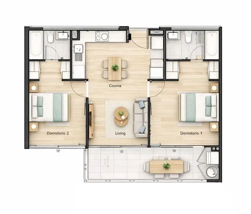 Planta del 2D2B mariposa estándar: cocina y living al centro, un dormitorio con su baño a cada lado y terraza frente al living y un dormitorio.