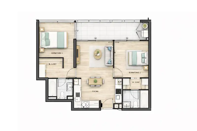 Planta del 2D2B estándar: dos dormitorios con walk-in closet, uno a cada lado del living, dos baños y terraza frente al living.