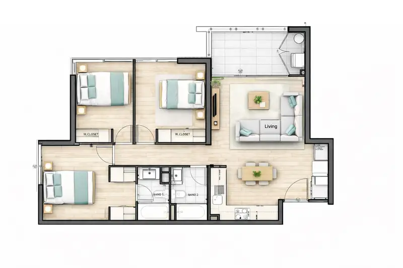Planta del 3D2B: tres dormitorios, dos con walk-in closet, dos baños, cocina, living comedor y terraza.
