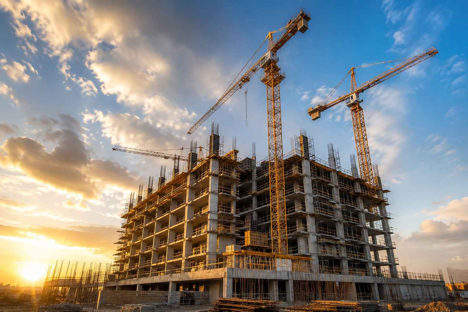 Edificio residencial en construcción con tres grúas torre al atardecer